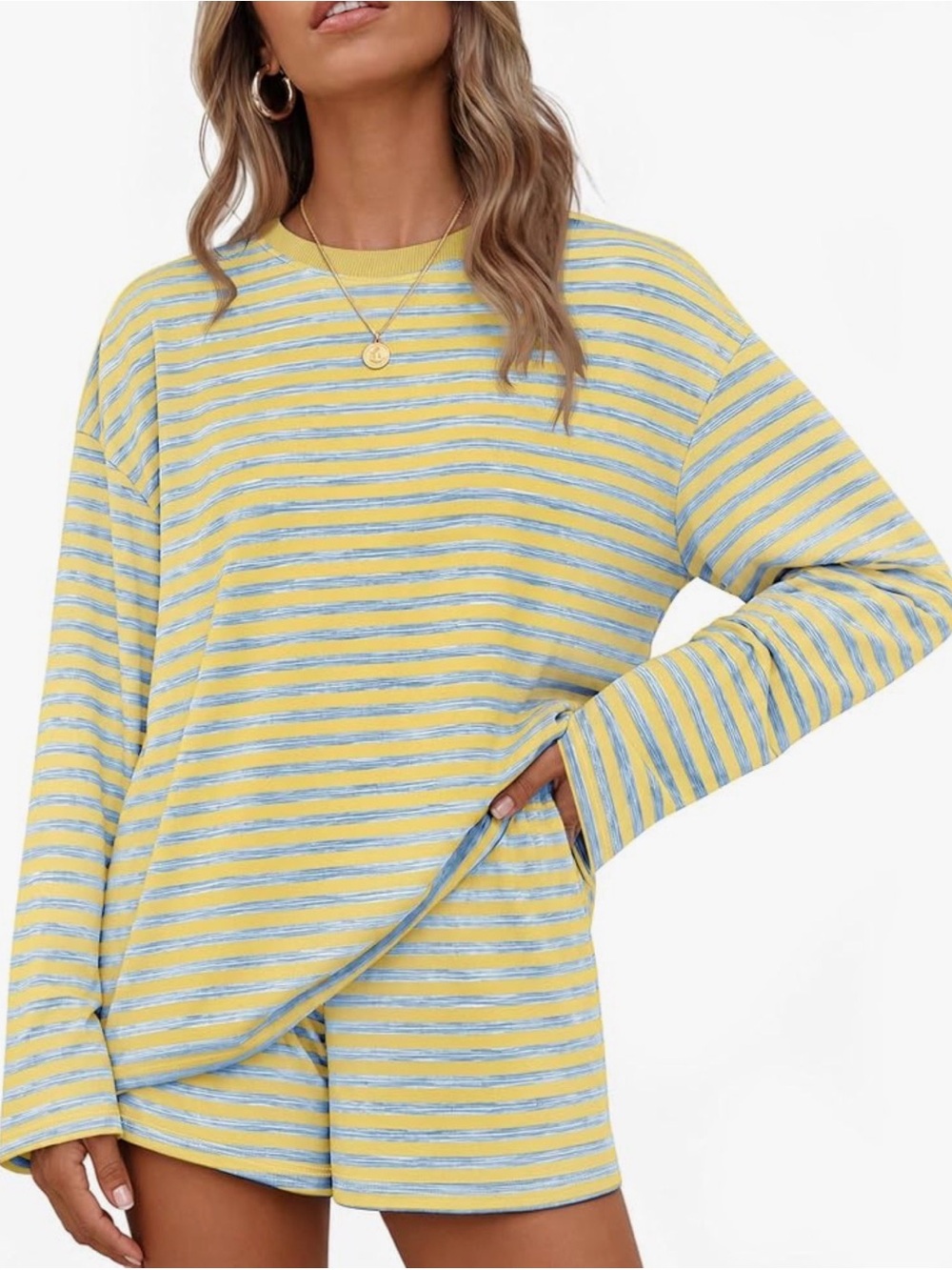 Amazon Yellow & Light Blue Striped Women’s Pajama Set - Long Sleeve Top & Shorts